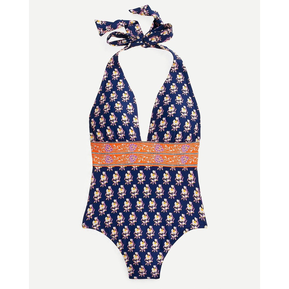 J.Crew NEW Halter V-Neck One Piece Swimsuit Navy Block Print Floral AV289 Size 0 - Picture 1 of 10